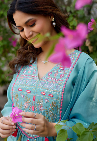 Women Ethnic Motifs Thread Work Chanderi Cotton Kurta with Palazzos & Dupatta-IV-1036