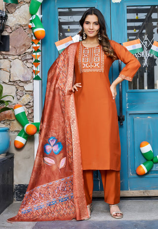 Women Floral Embroidered Empire Thread Work Roman Slik Kurta Pant With Dupatta-KS-256