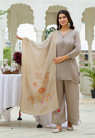 Women  Chiffon Silk Kurta Palazzo Set with Muslin Jacquard Dupatta-IV-1116