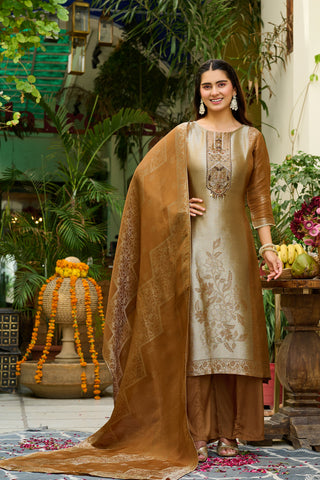 Golden Aura Embroidered Ethnic Kurta Set with Designer Dupatta-IV-1112
