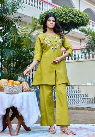 Embroidered Three-Quarter Sleeves Flex  Cotton Top With Trouser-KS-133