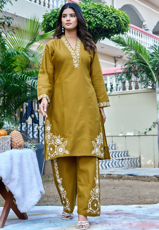 Embroidered Three-Quarter Sleeves Flex  Cotton Top With Trouser-KS-245
