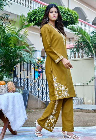 Embroidered Three-Quarter Sleeves Flex  Cotton Top With Trouser-KS-245