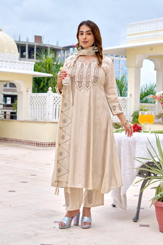 Women Floral Embroidered Empire Thread Work Chanderi Cotton Kurta with Trousers & With Dupatta-KS-361