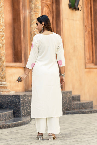 Floral Thread Work Straight Kurta with Palazzos-ALBELLA