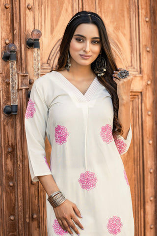 Floral Thread Work Straight Kurta with Palazzos-ALBELLA