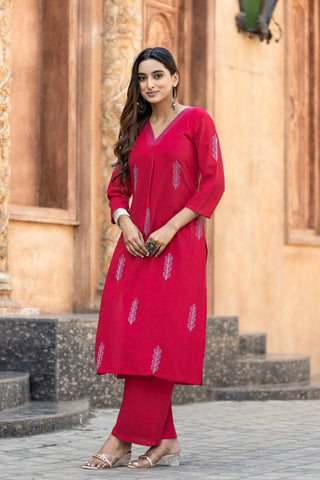 Floral Thread Work Straight Kurta with Palazzos-ALBELLA