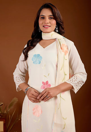 A woman modeling a cream-colored traditional outfit with floral embroidery in blue, pink, and peach, paired with a matching embroidered dupatta, set against a solid brown studio background.