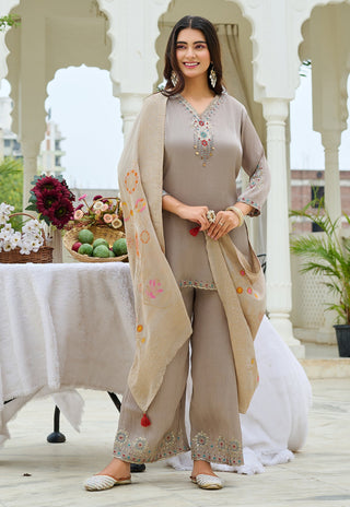 Women  Chiffon Silk Kurta Palazzo Set with Muslin Jacquard Dupatta-IV-1116
