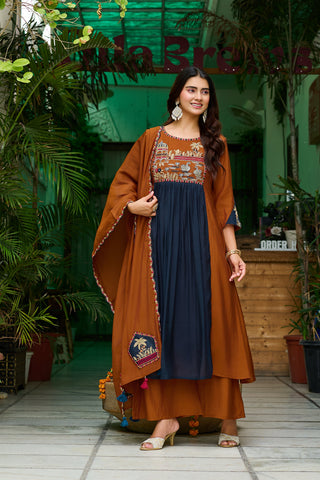 Women Ethnic Motifs Embroidered Empire Thread Work Chanderi Cotton Kurta with Trousers & With Dupatta-IV-1106