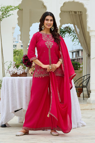 Elegant Roman Silk Palazzo Set with Mul Chanderi Dupatta-IV-1107