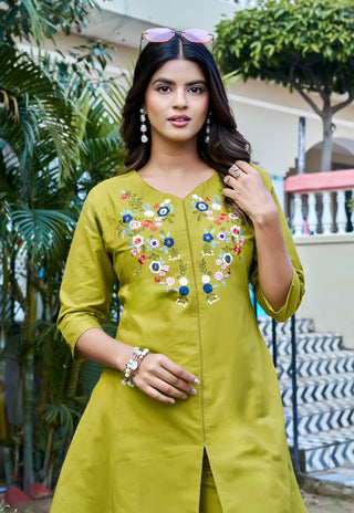 Embroidered Three-Quarter Sleeves Flex  Cotton Top With Trouser-KS-133