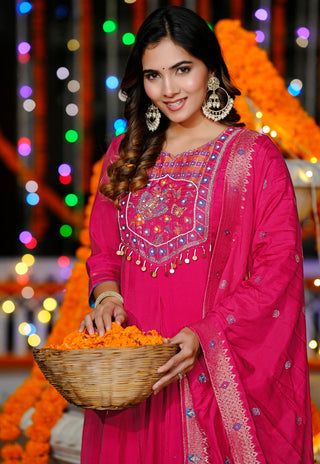 Women Ethnic Motifs Embroidered Thread Work Chanderi Cotton Kurta with Trousers & With Dupatta-IV-1029