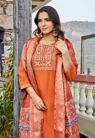 Women Floral Embroidered Empire Thread Work Roman Slik Kurta Pant With Dupatta-KS-256