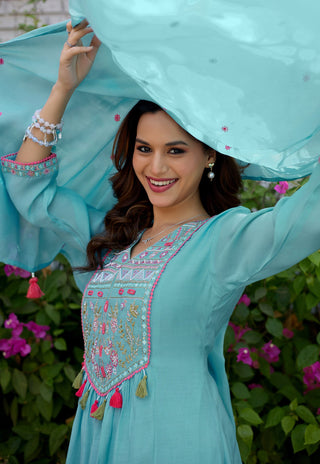 Women Ethnic Motifs Thread Work Chanderi Cotton Kurta with Palazzos & Dupatta-IV-1036