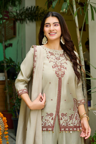 Elegant Roman Silk Palazzo Set with Mul Chanderi Dupatta-IV-1108