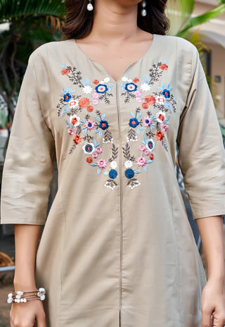 Embroidered Three-Quarter Sleeves Flex  Cotton Top With Trouser-KS-134