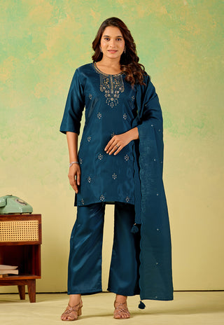 Midnight Teal Embroidered Kurta Set - front view