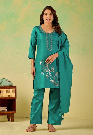 Teal Allure Embroidered Kurta Set - front view