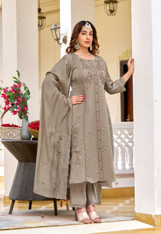 Taupe Grace Chanderi Kurta Set - front view