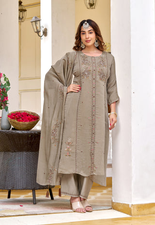 Taupe Grace Chanderi Kurta Set - product detail view
