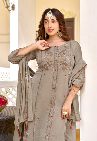 Taupe Grace Chanderi Kurta Set - product detail view
