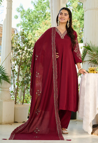 Wine Velvet-Tone Embroidered Kurta Set - front view