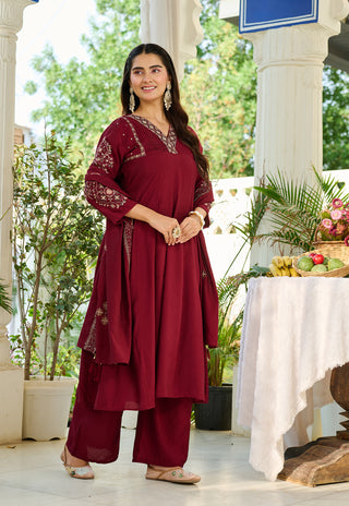 Wine Velvet-Tone Embroidered Kurta Set - product detail view
