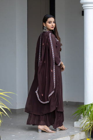 Floral Yoke Design Pleated Thread Work Anarkali Kurta with Palazzos & With Dupatta-8200