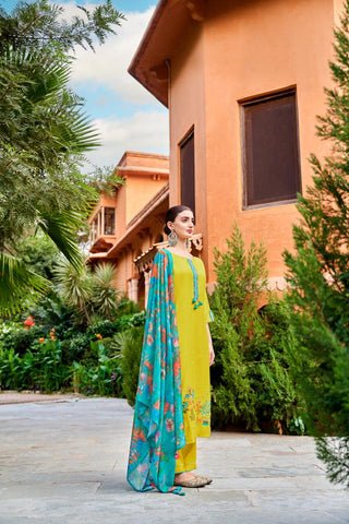 Radiant Yellow: Kurti and Plaza Ensemble with Viscose Print Dupatta-MT-8106