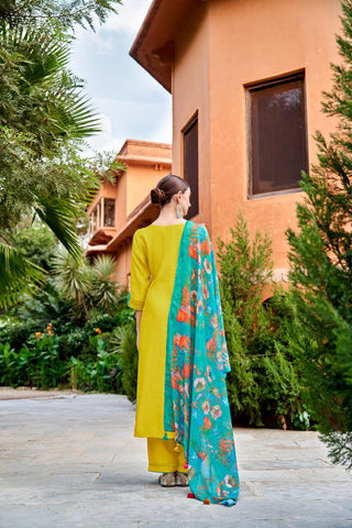 Radiant Yellow: Kurti and Plaza Ensemble with Viscose Print Dupatta-MT-8106